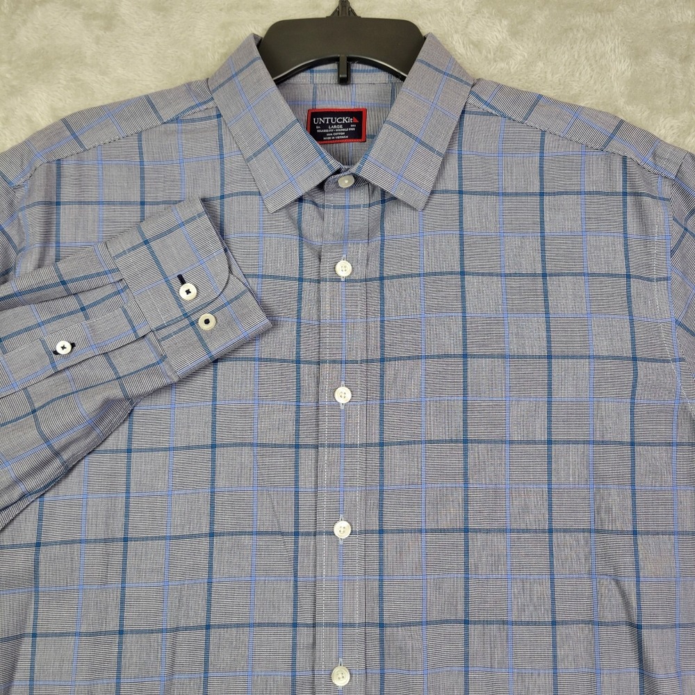 Untuckit Mens Large Long Sleeve Button Up Shirt Grey with Blue Plaid Cotton